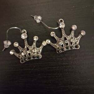 Silver Crown Earrings with Rhinestones